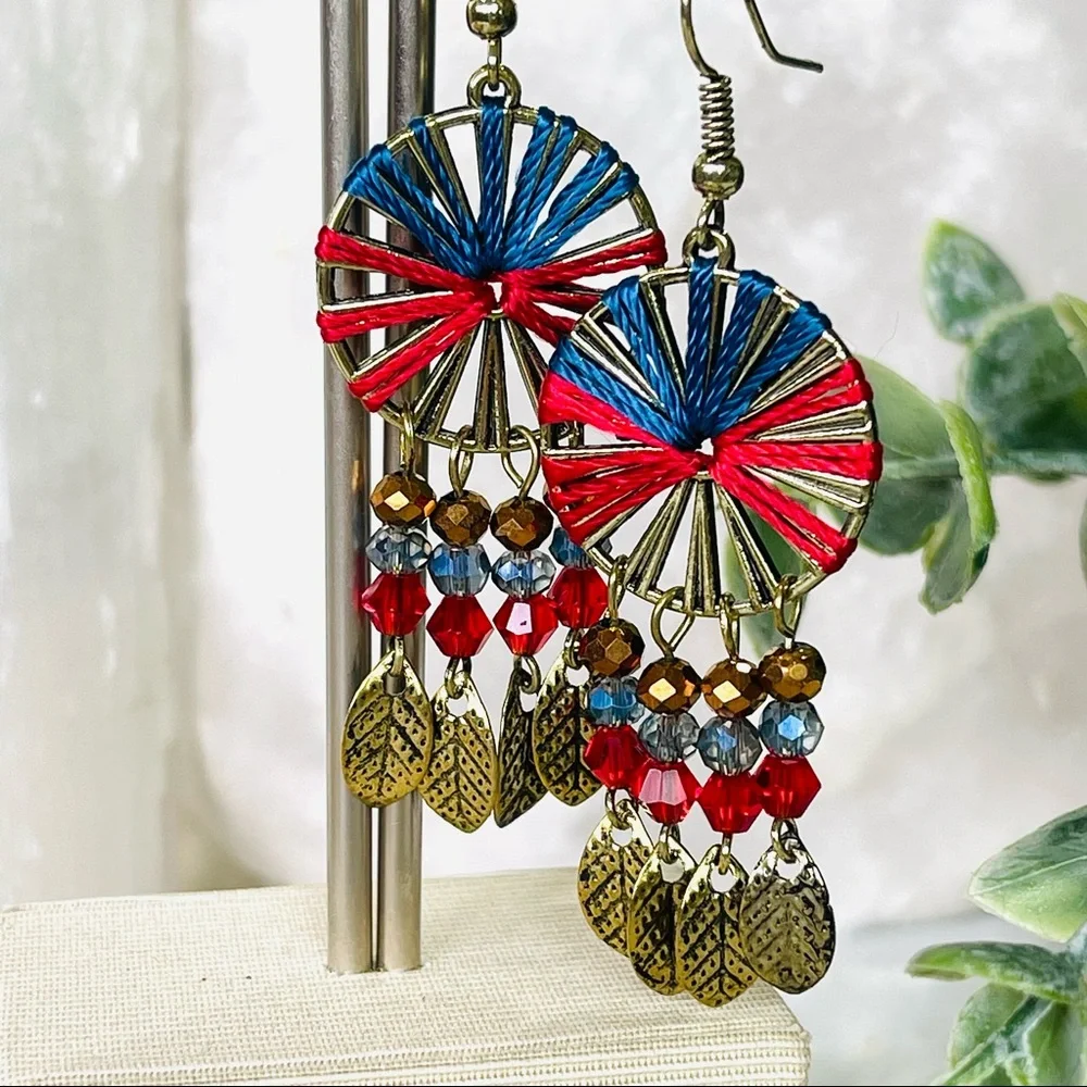 FERRIS WHEEL Southwestern pinwheel DANGLE earring gold feather leaf dangling - Picture 11 of 12